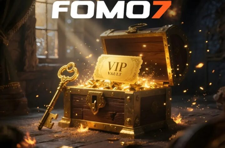 Golden treasure chest labeled VIP Vault overflowing with gold coins and a key, with FOMO7 logo above in a mystical vault setting